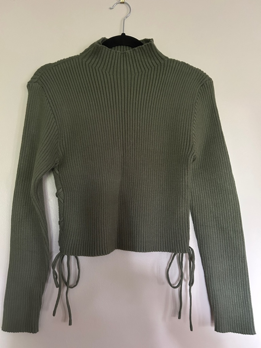 Olive Green Ribbed Mock Neck Cropped Sweater with Side Ties